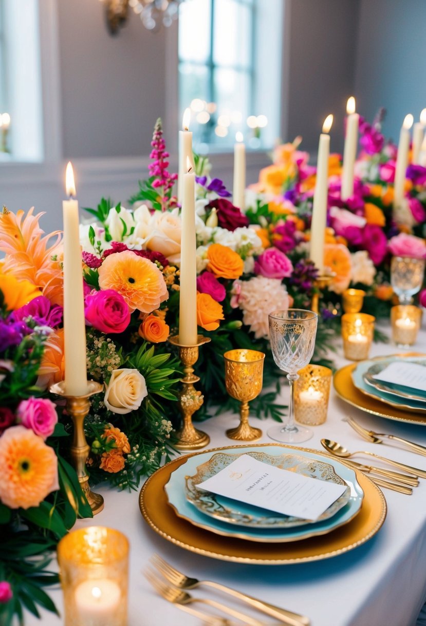 A vibrant array of flowers, candles, and ornate tableware create a festive and elegant wedding table setting