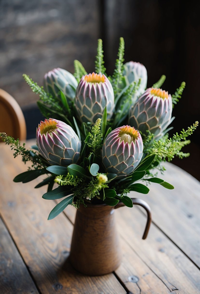 A small bouquet of protea flowers, surrounded by greenery, arranged in a rustic vase on a wooden table