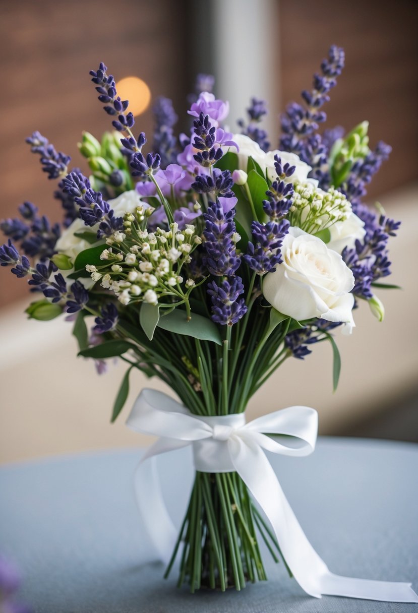 A small wedding bouquet of lavender and other flowers arranged in a delicate bunch, tied with a ribbon