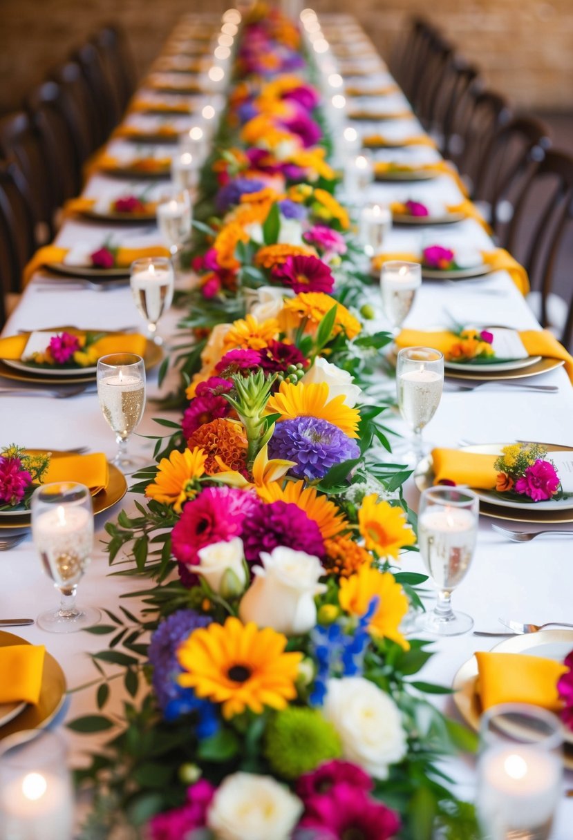 A long table adorned with vibrant floral table runners, creating a colorful and festive wedding table decoration