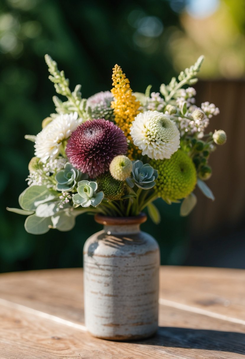 A mini wedding bouquet with a mix of textured garden flowers in a rustic vase on a wooden table