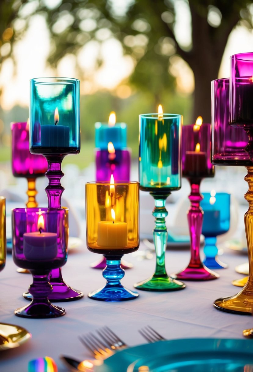 Vibrant glass candle holders arranged on a wedding table, casting colorful reflections in the soft light