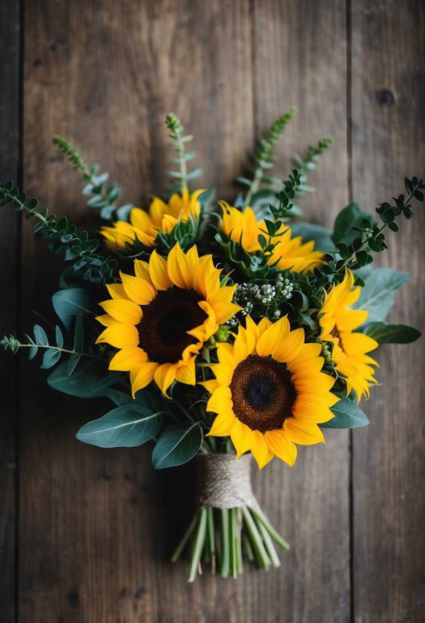 A small bouquet of sunflowers and greenery arranged in a rustic, vintage-inspired style