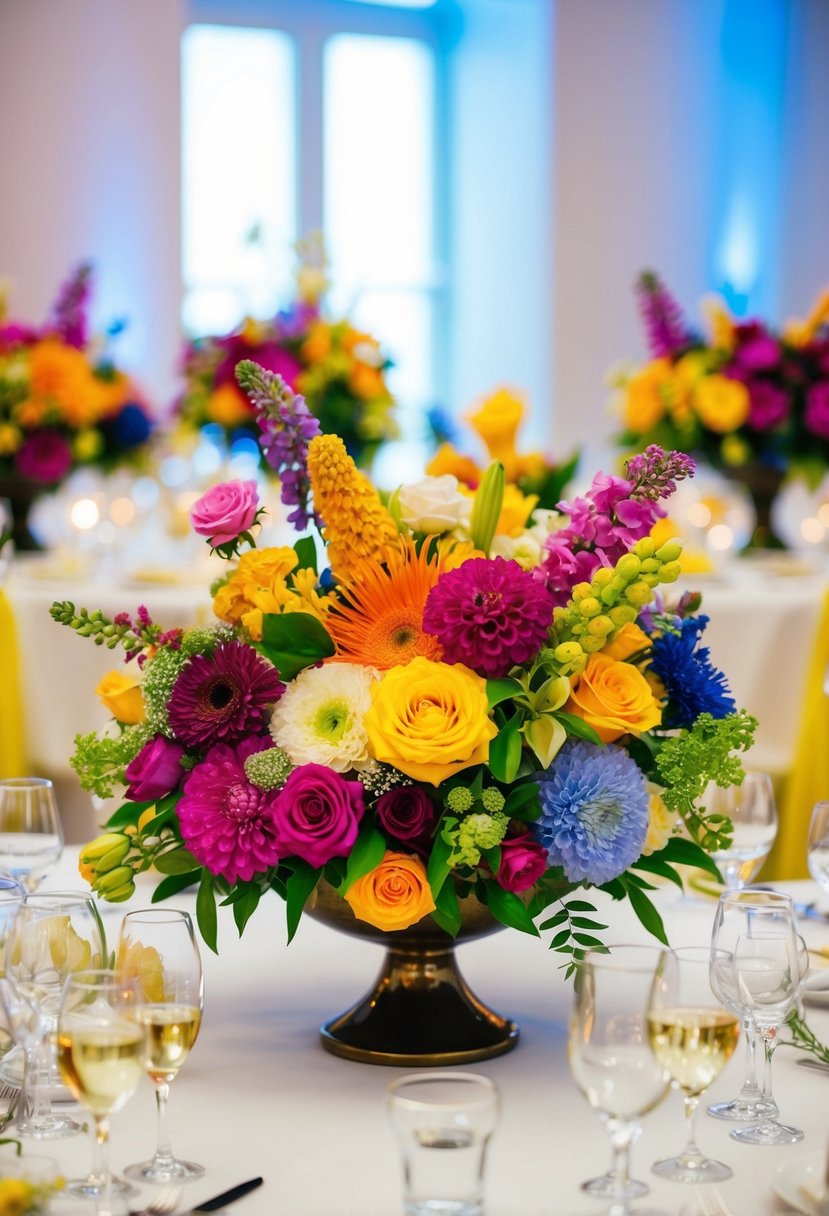 A table adorned with vibrant flower arrangements in various colors and sizes, creating a lively and festive wedding atmosphere