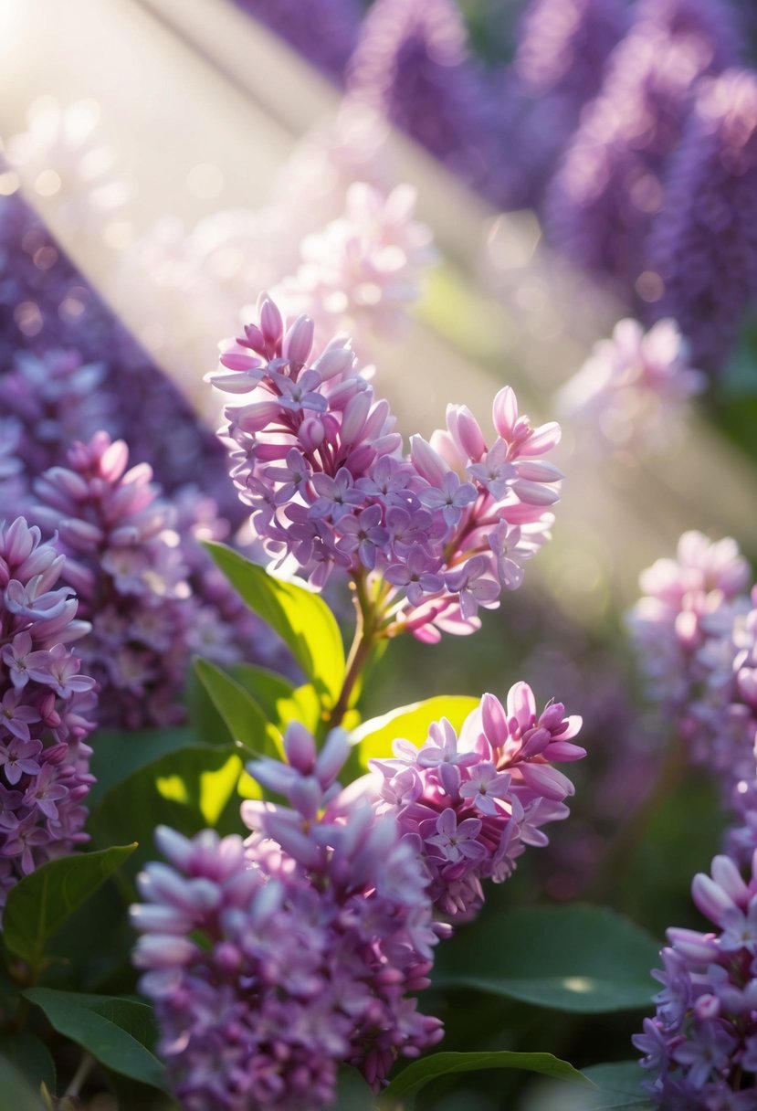 A small bouquet of lilac flowers illuminated by a soft ray of sunlight