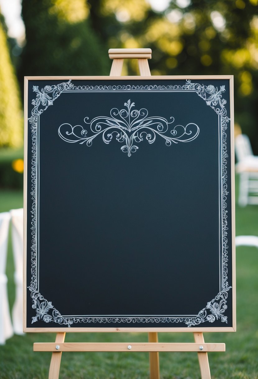 A chalkboard with elegant wedding motifs and decorative borders