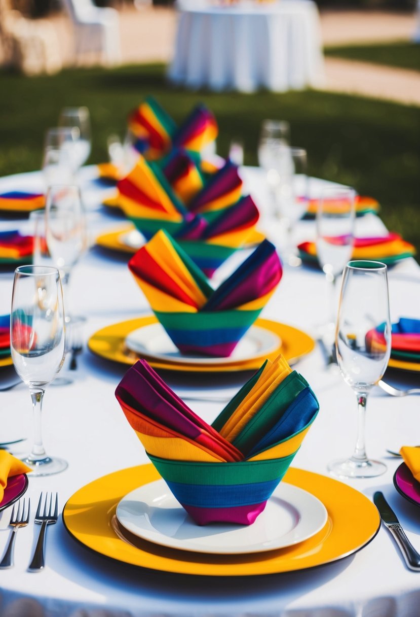 A table set with vibrant rainbow napkin foldings for a wedding celebration