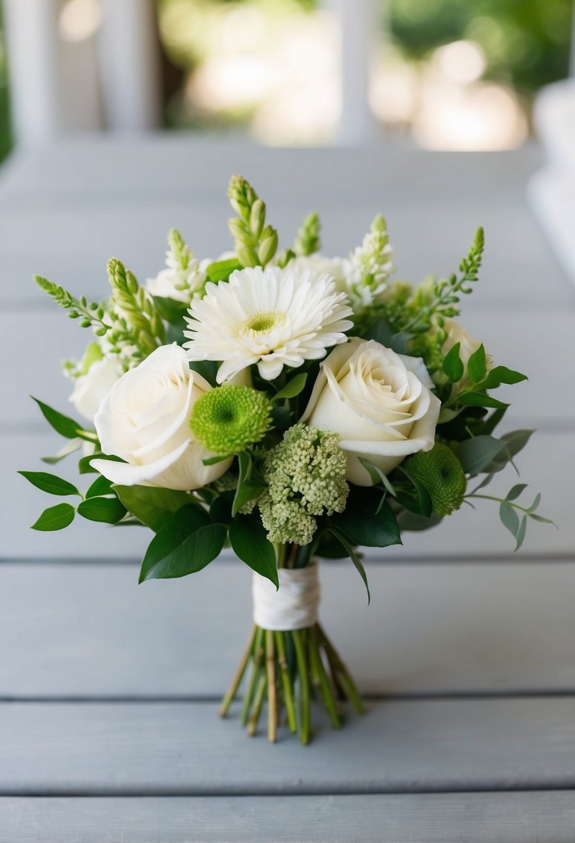 A small bouquet of ivory and green flowers arranged in a serene and elegant manner