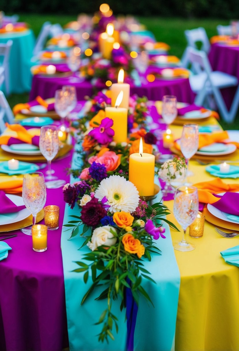 Vibrant tablecloths adorned with flowers, candles, and ribbons, creating a lively and festive wedding table setting