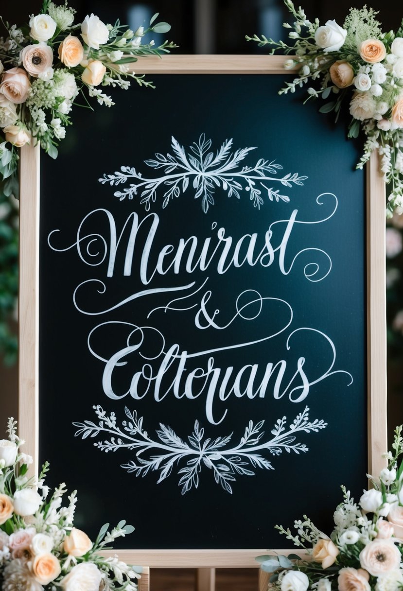 A chalkboard with elegant calligraphy displaying the names of a couple, surrounded by delicate floral decorations