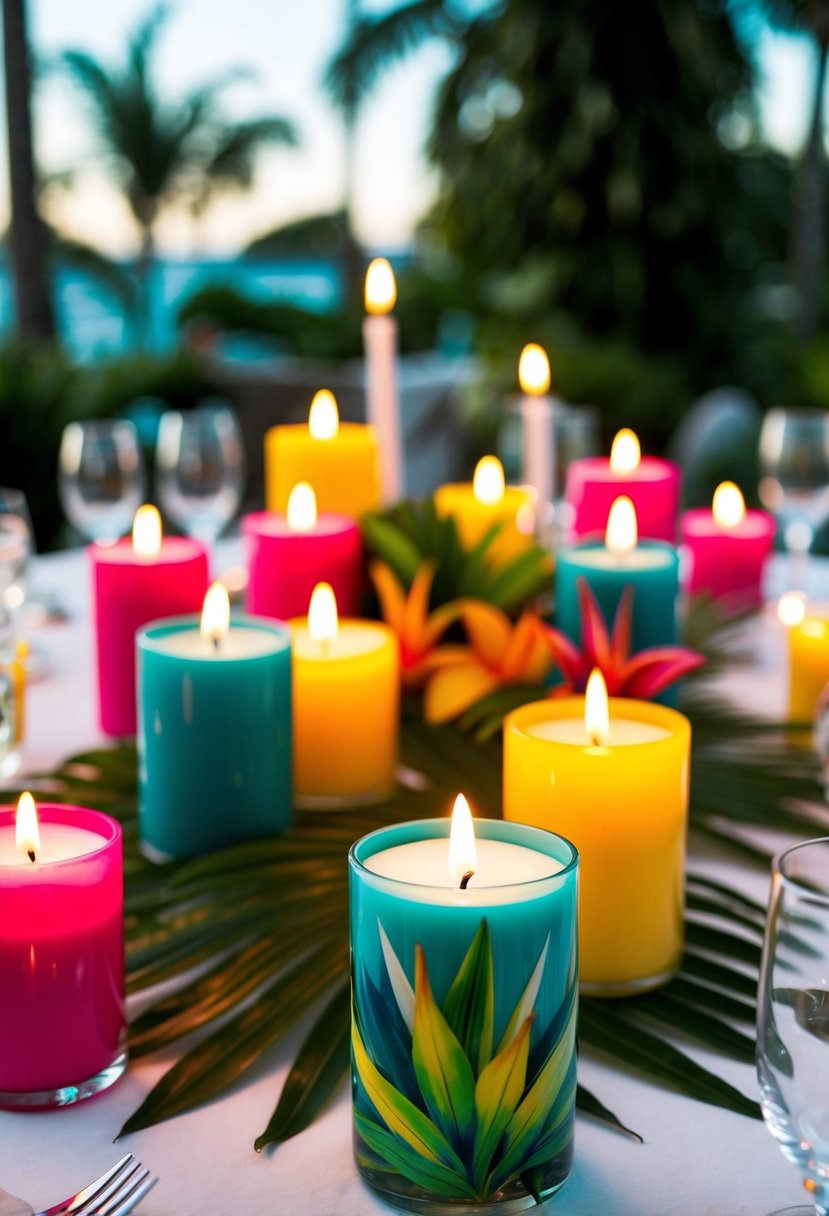 A table adorned with scented candles in tropical hues, creating a vibrant and aromatic wedding centerpiece