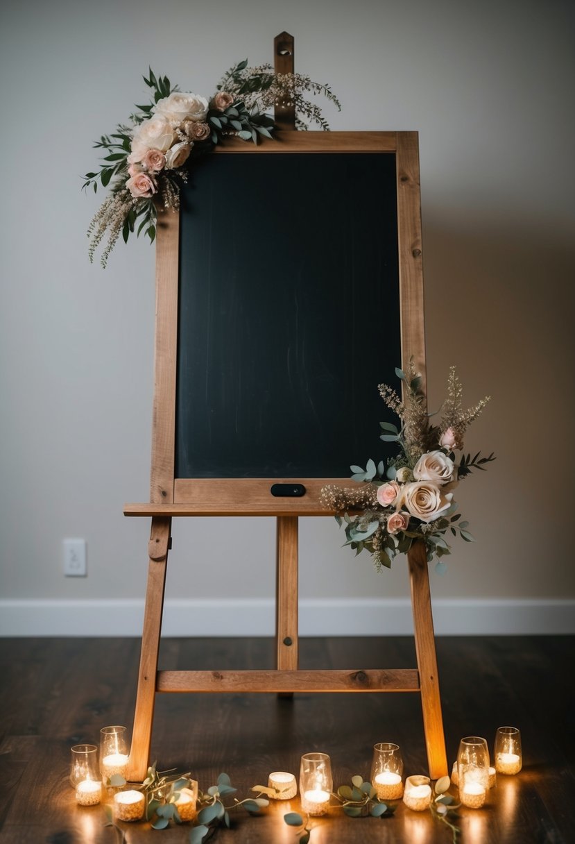 A wooden chalkboard propped against a vintage easel, adorned with rustic floral accents and surrounded by flickering tea lights