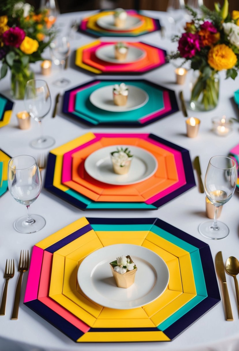 Vibrant, bold geometric place mats arranged on a wedding table, adding a pop of color and modern flair to the decor