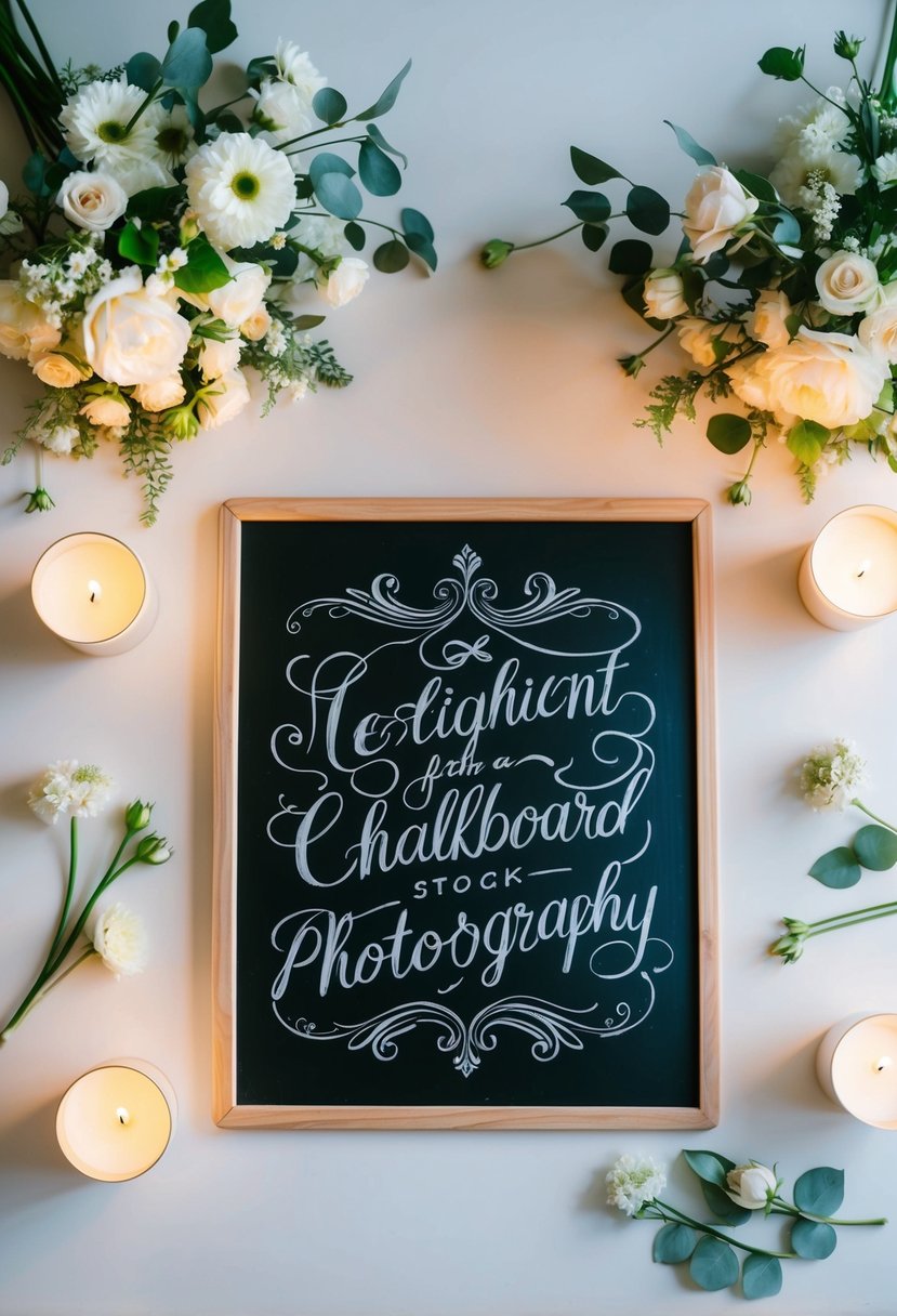 A chalkboard with elegant script and decorative flourishes, surrounded by soft candlelight and delicate floral arrangements