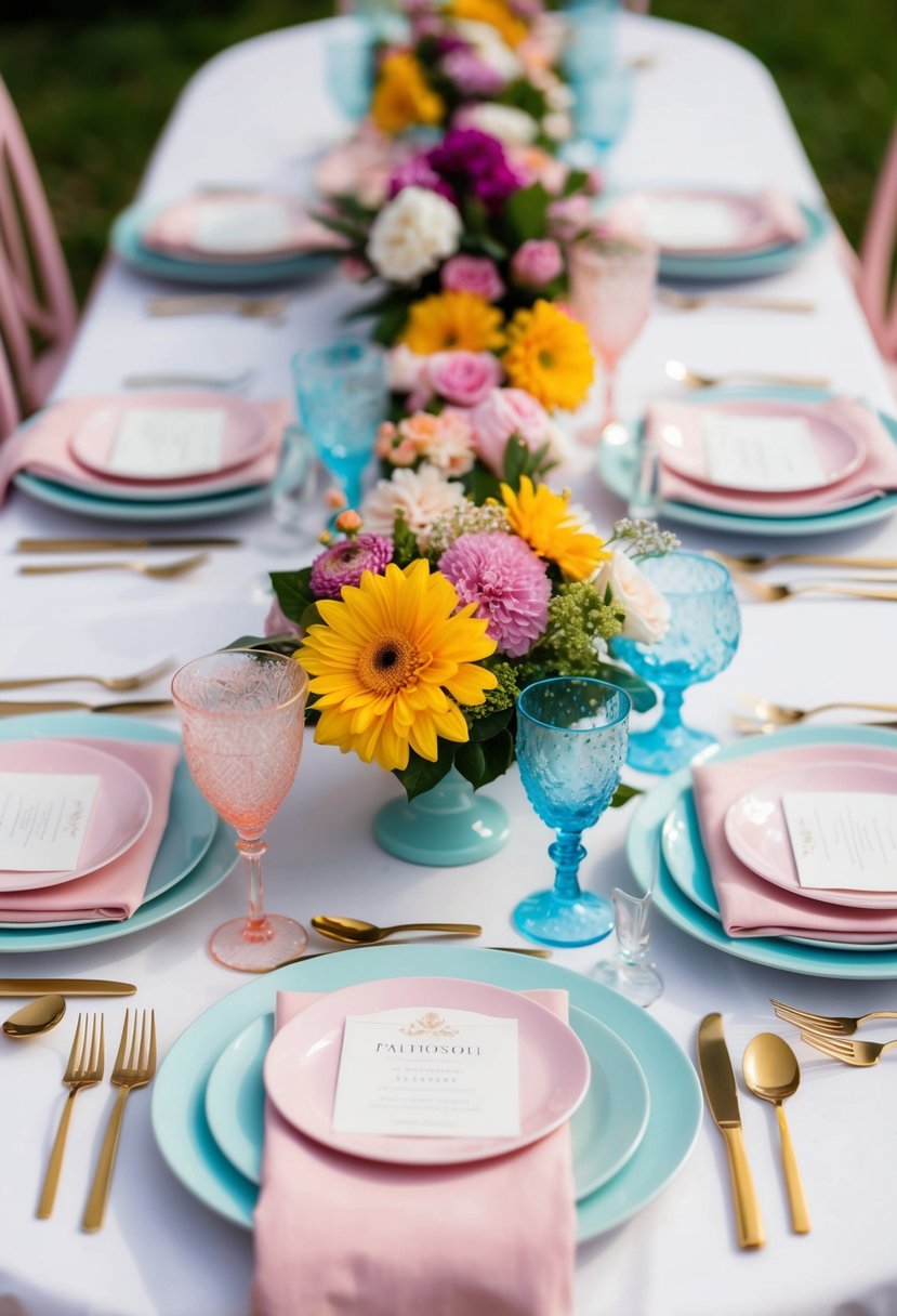 A table set with pastel-colored cutlery, surrounded by vibrant floral centerpieces and matching linens