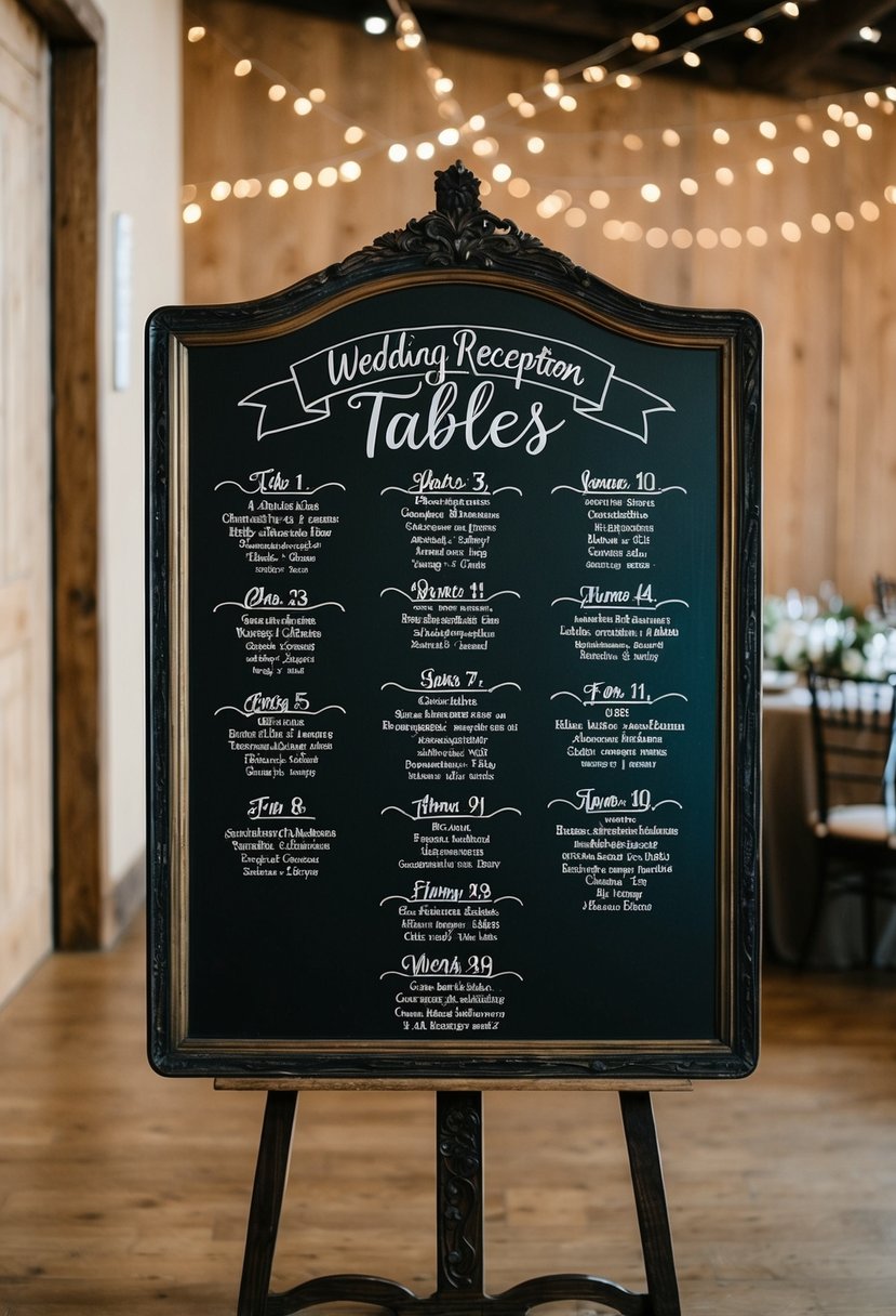 A chalkboard with labeled tables and seating arrangements for a wedding reception