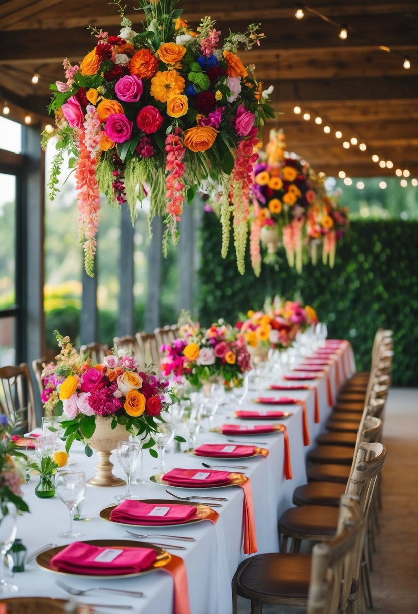 A table adorned with vibrant floral hanging centerpieces