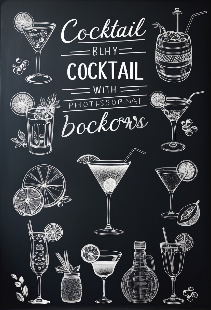 A chalkboard with various cocktail illustrations and decorative elements