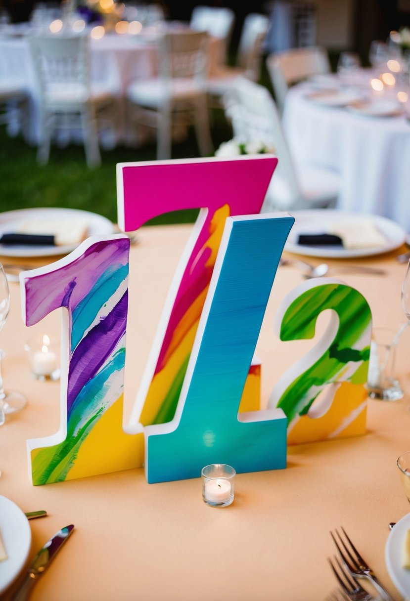 A set of hand-painted table numbers in vibrant colors arranged on a table for a wedding celebration