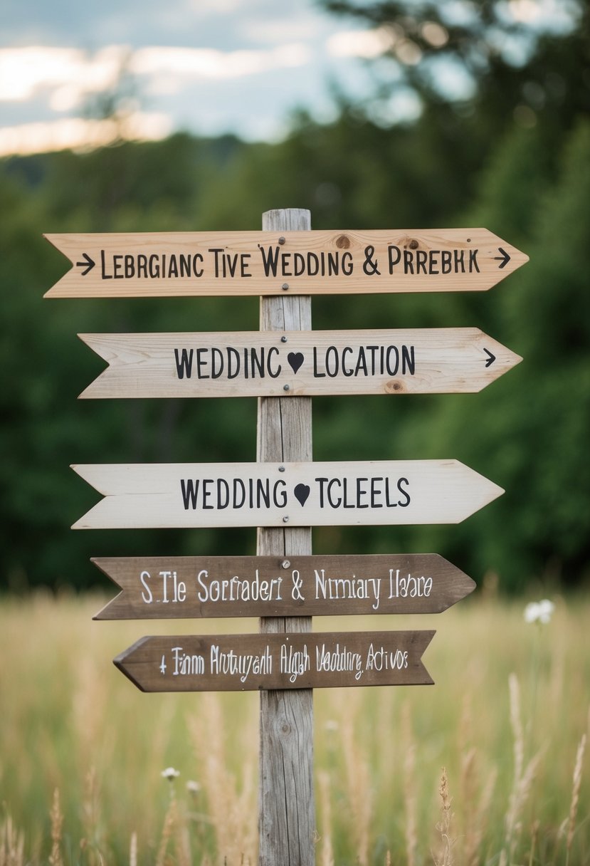 A rustic wooden signpost with multiple arrows pointing in different directions, each labeled with a different wedding-related location or activity