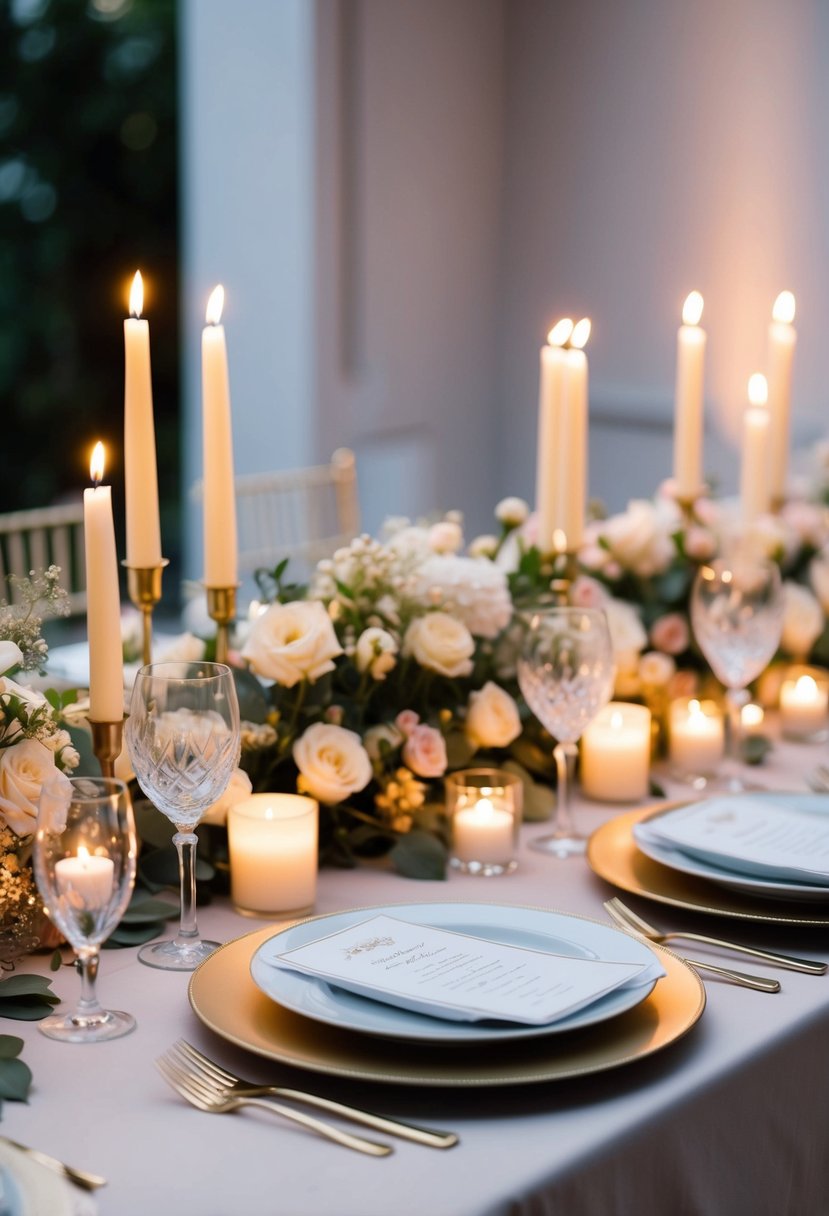 A table adorned with soft candlelight, delicate flowers, and elegant place settings, creating a romantic atmosphere for a wedding celebration