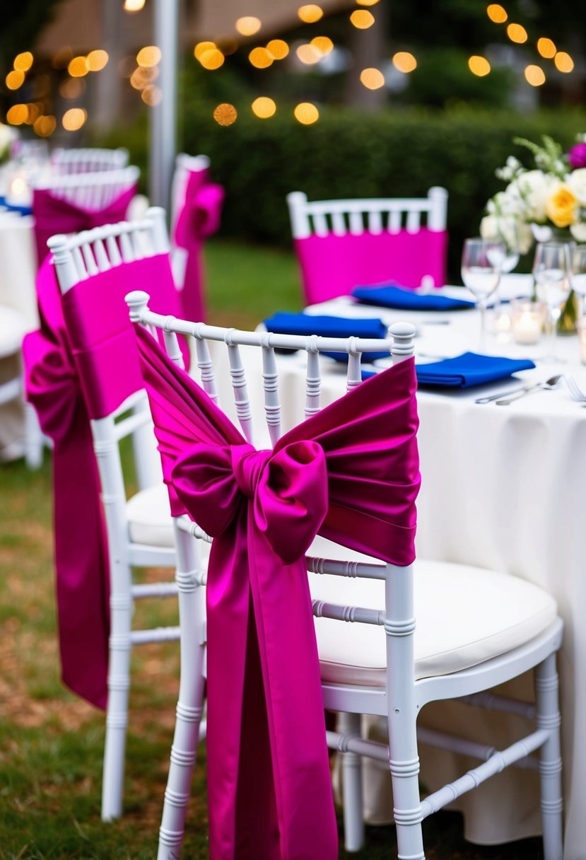 Vibrant chair sashes draped over chairs at a wedding reception, adding a pop of color to the table decor