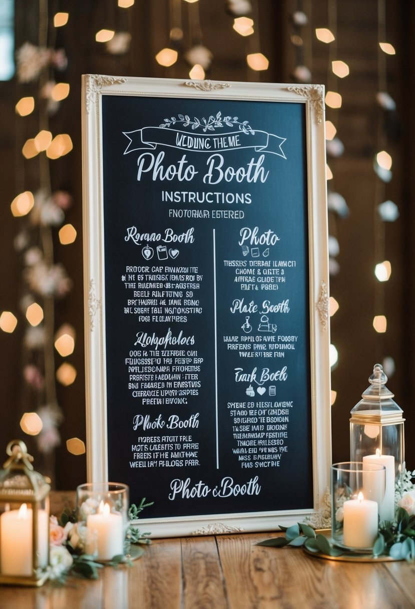 A chalkboard with wedding-themed photo booth instructions surrounded by romantic decorations