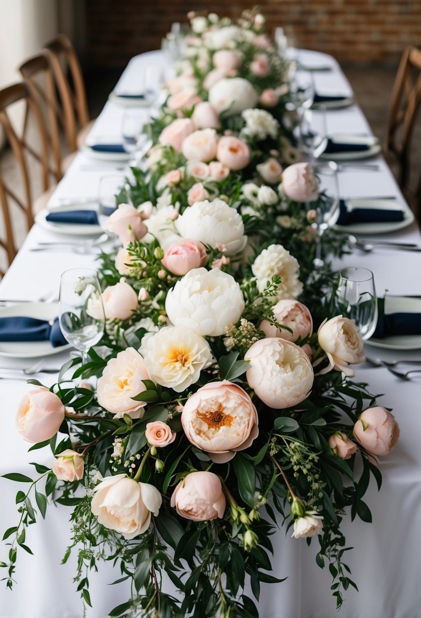 A table adorned with cascading floral arrangements of roses and peonies for a romantic wedding setting