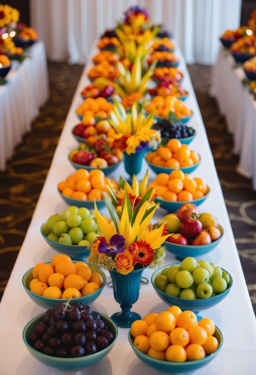 A vibrant array of fruit-filled bowls and vases arranged on a wedding table, creating a lively and colorful centerpiece display