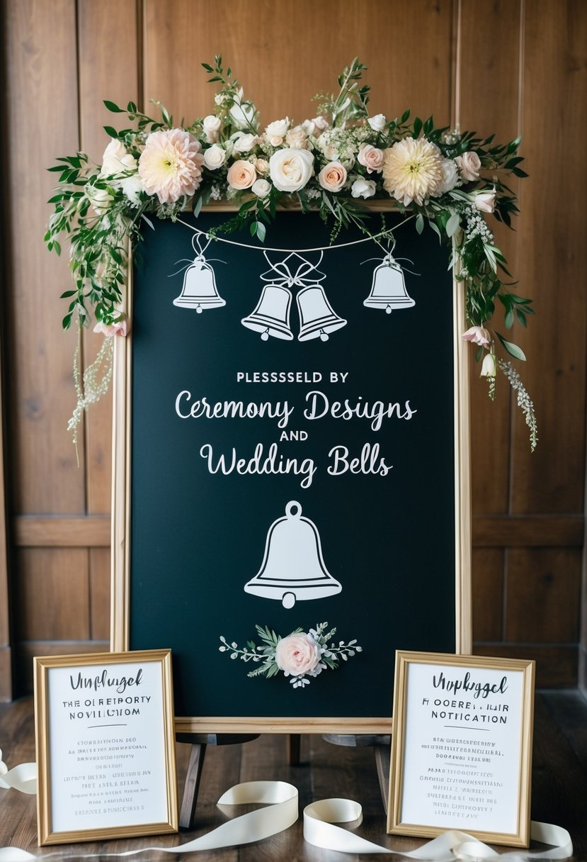 A chalkboard adorned with floral designs and wedding bells, surrounded by unplugged ceremony notification signs and delicate ribbons