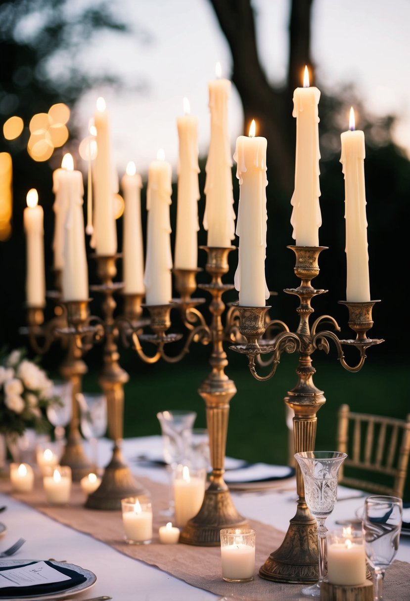 A table set with vintage candelabras adorned with dripping wax candles, creating a romantic and enchanting ambiance for a wedding celebration