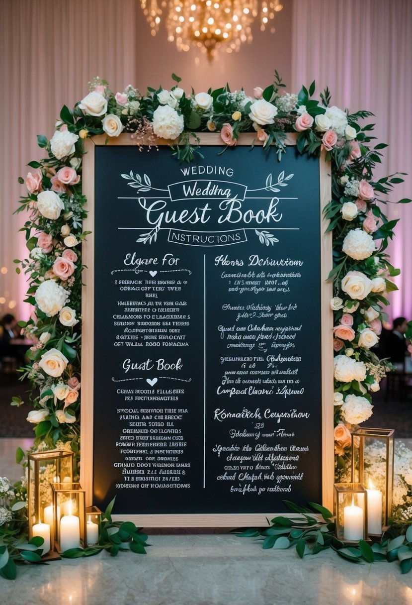 A chalkboard with elegant wedding guest book instructions surrounded by floral decorations and romantic lighting