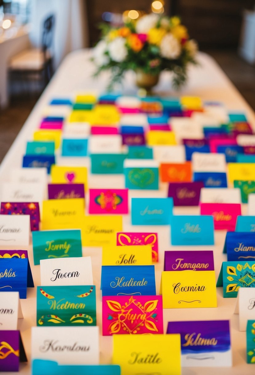 Vibrant, hand-painted place cards arranged on a table, each uniquely designed with bright colors and intricate patterns, adding a personalized and festive touch to a wedding reception