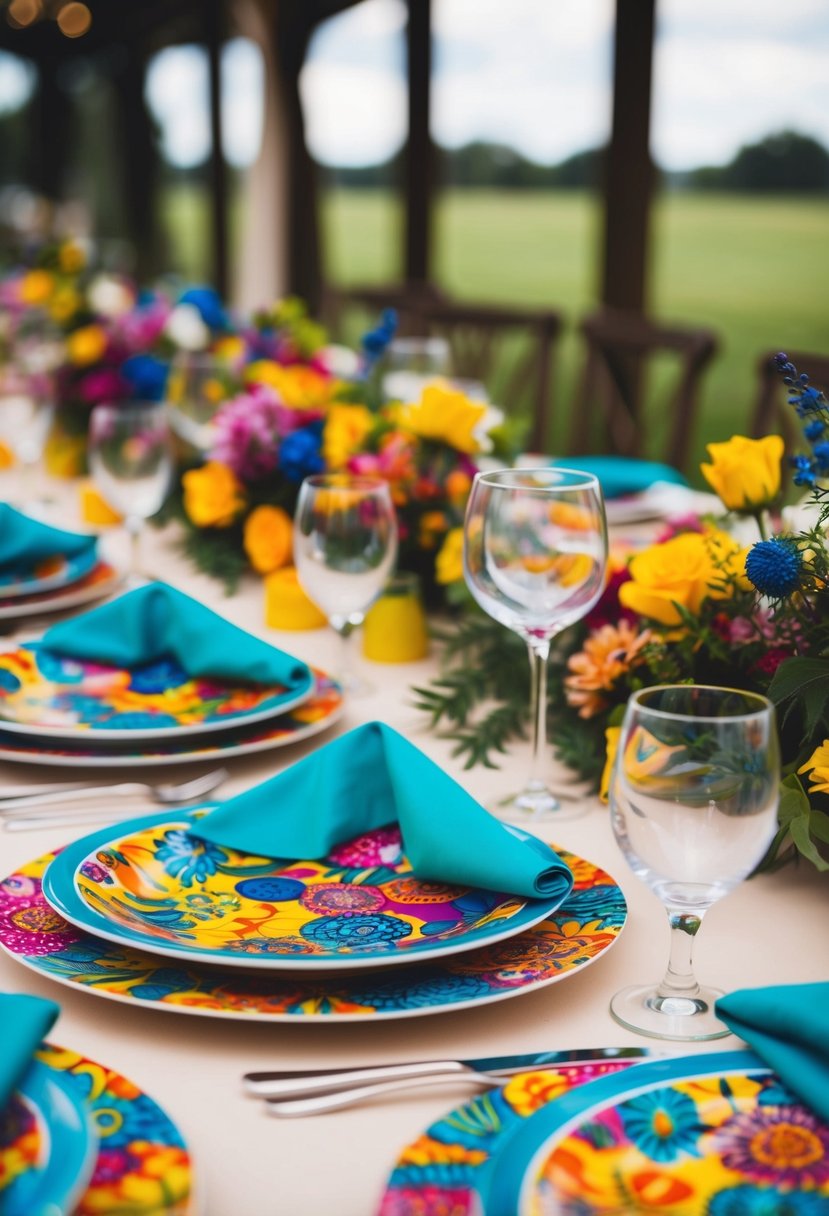 Vibrant patterned tableware adorns a wedding table, with colorful plates, napkins, and centerpieces creating a festive and joyful atmosphere