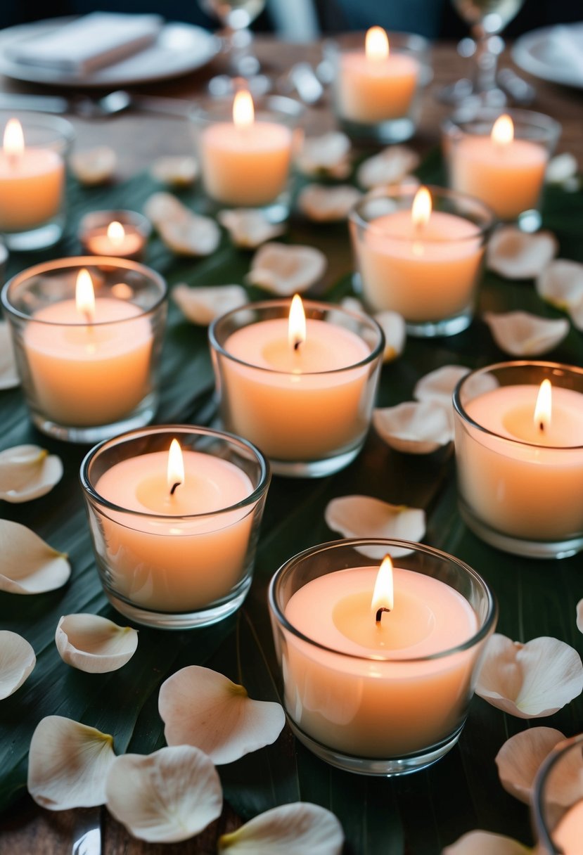 Floating candles in glass bowls surrounded by delicate petals, creating a romantic wedding table decoration