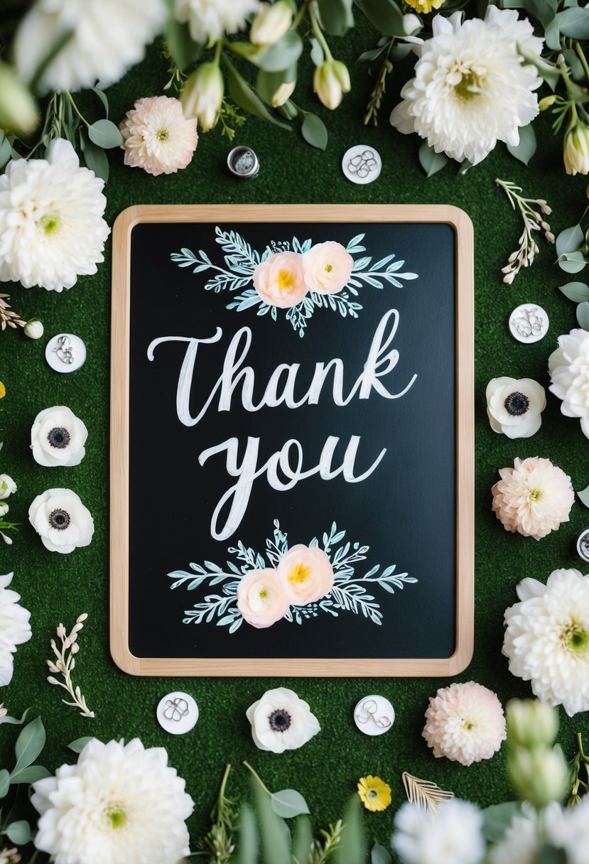 A chalkboard with floral decorations and a "Thank You" message surrounded by wedding-themed elements