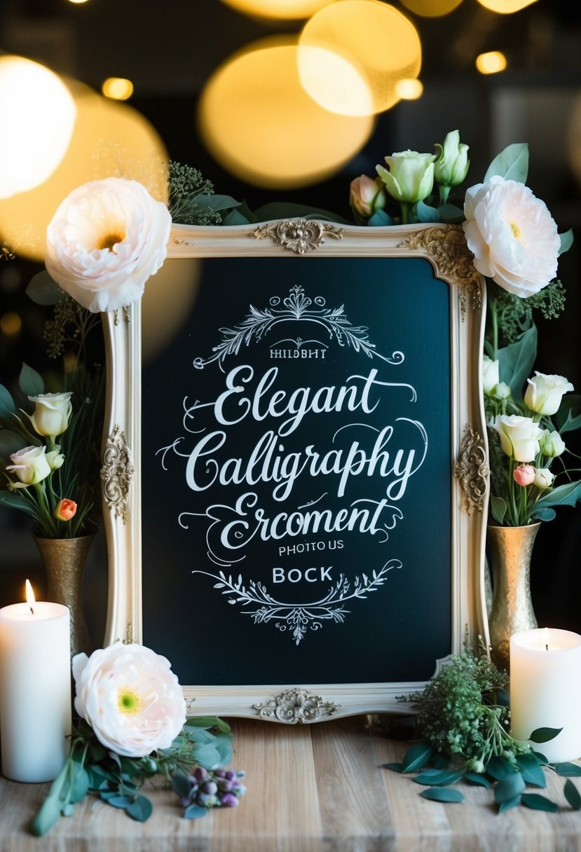 A chalkboard with elegant calligraphy and decorative elements, surrounded by romantic flowers and candles