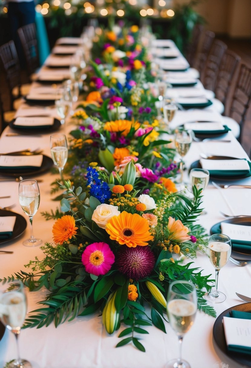 Vibrant botanical table runners adorn a wedding reception table, bursting with colorful flowers and foliage