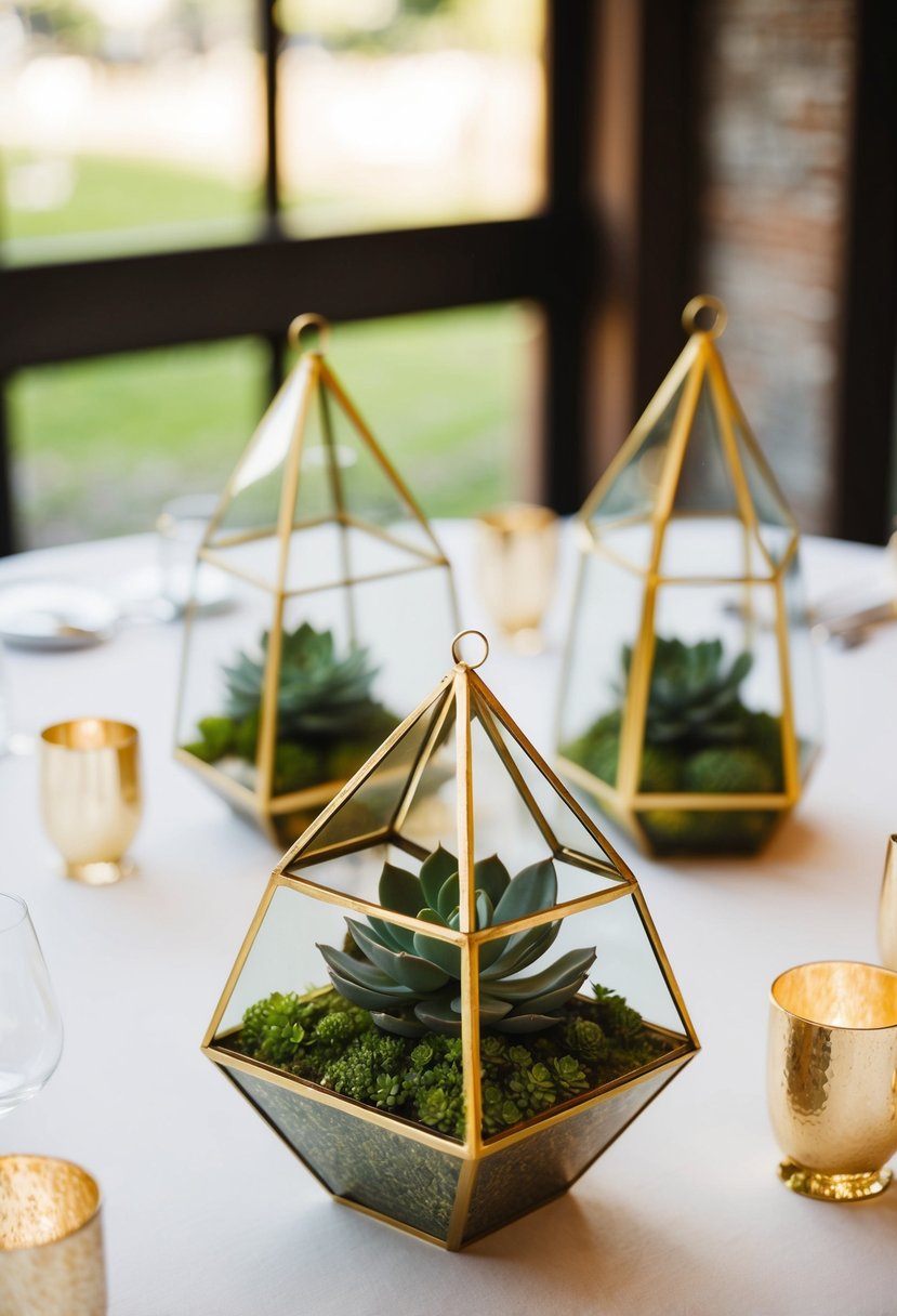 Gilded geometric terrariums hold succulents on a wedding table