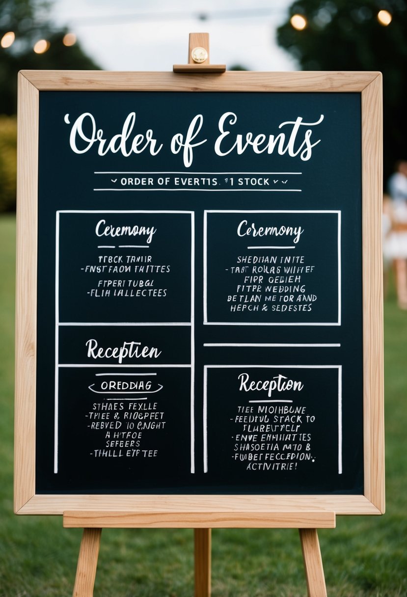 A chalkboard with sections for "Order of Events" at a wedding, including space for ceremony, reception, and other activities