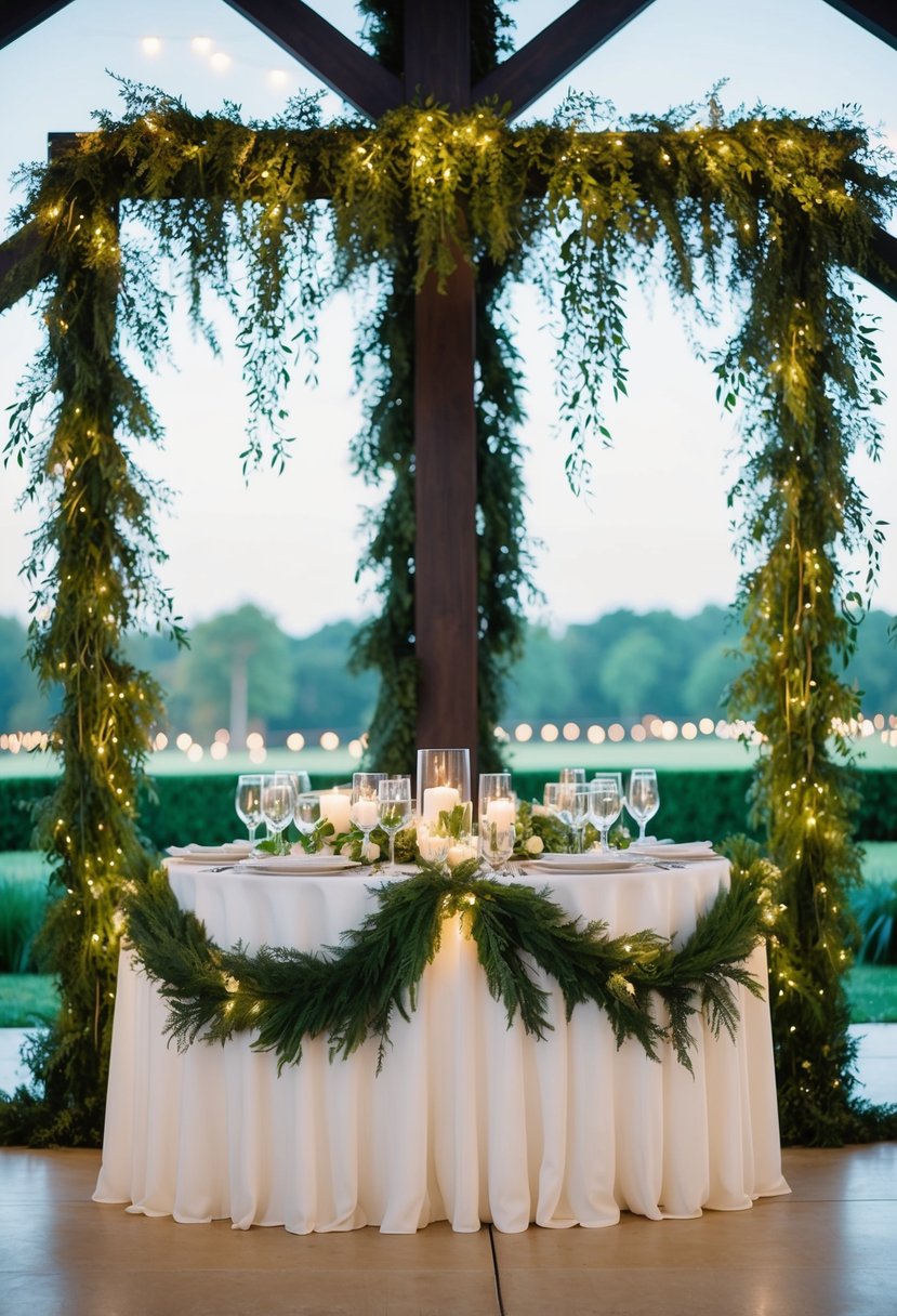 Lush green garlands draped with twinkling fairy lights adorn a romantic wedding table