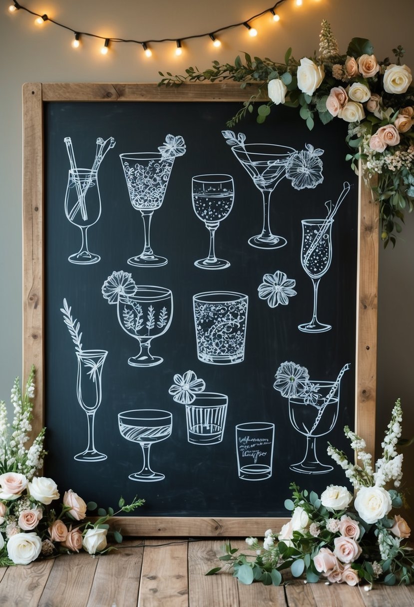 A rustic chalkboard with hand-drawn illustrations of various drink glasses and decorative elements, surrounded by floral arrangements and twinkling string lights