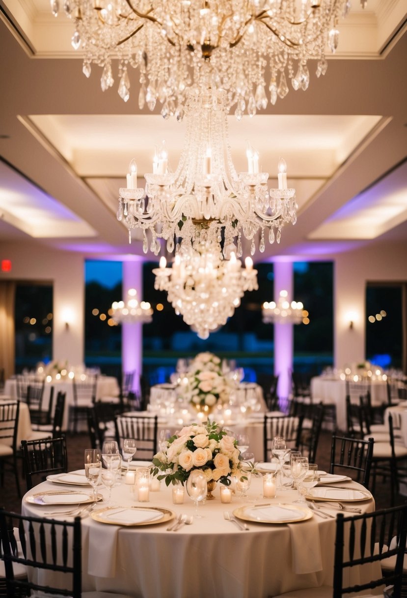 A table adorned with crystal chandeliers, creating a romantic ambiance for a wedding celebration