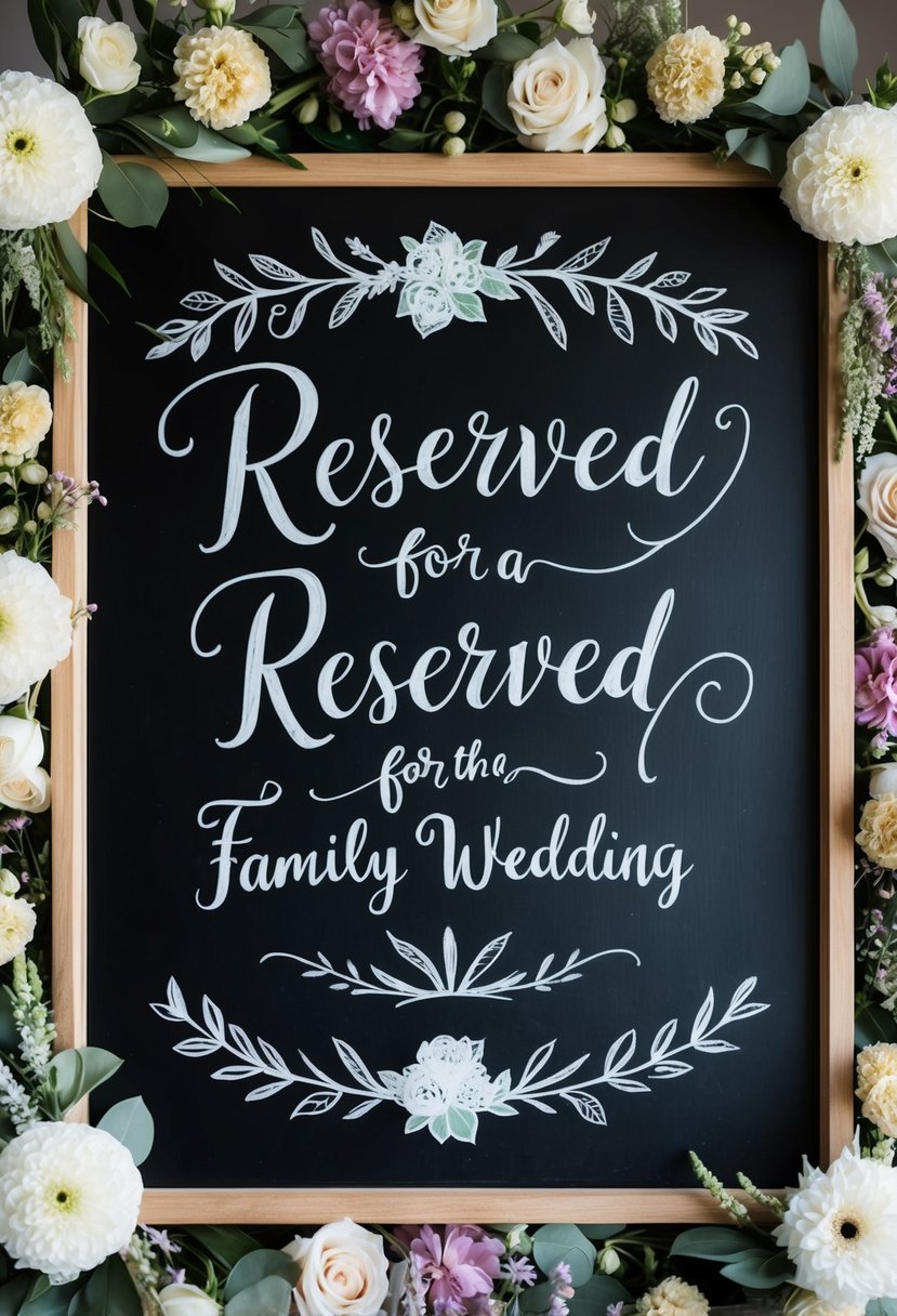 A chalkboard with elegant, hand-drawn reserved signs for a family wedding, surrounded by floral decorations and delicate calligraphy