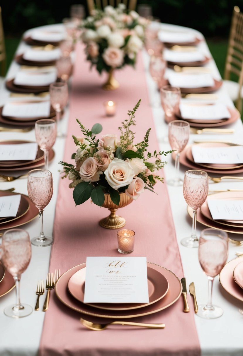 Blush pink table runners with gold accents adorn a romantic wedding table