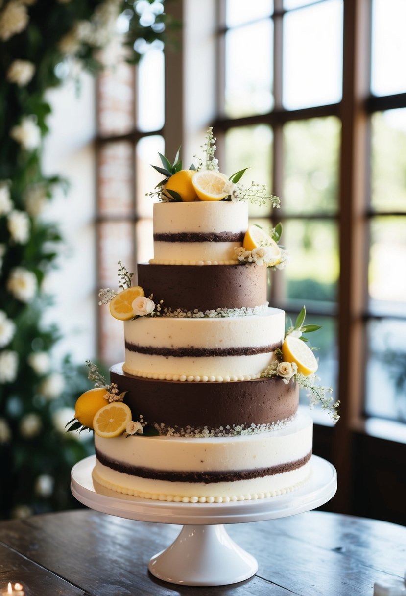 A tiered wedding cake with layers of rich chocolate, vanilla bean, and tangy lemon flavors, decorated with delicate floral accents