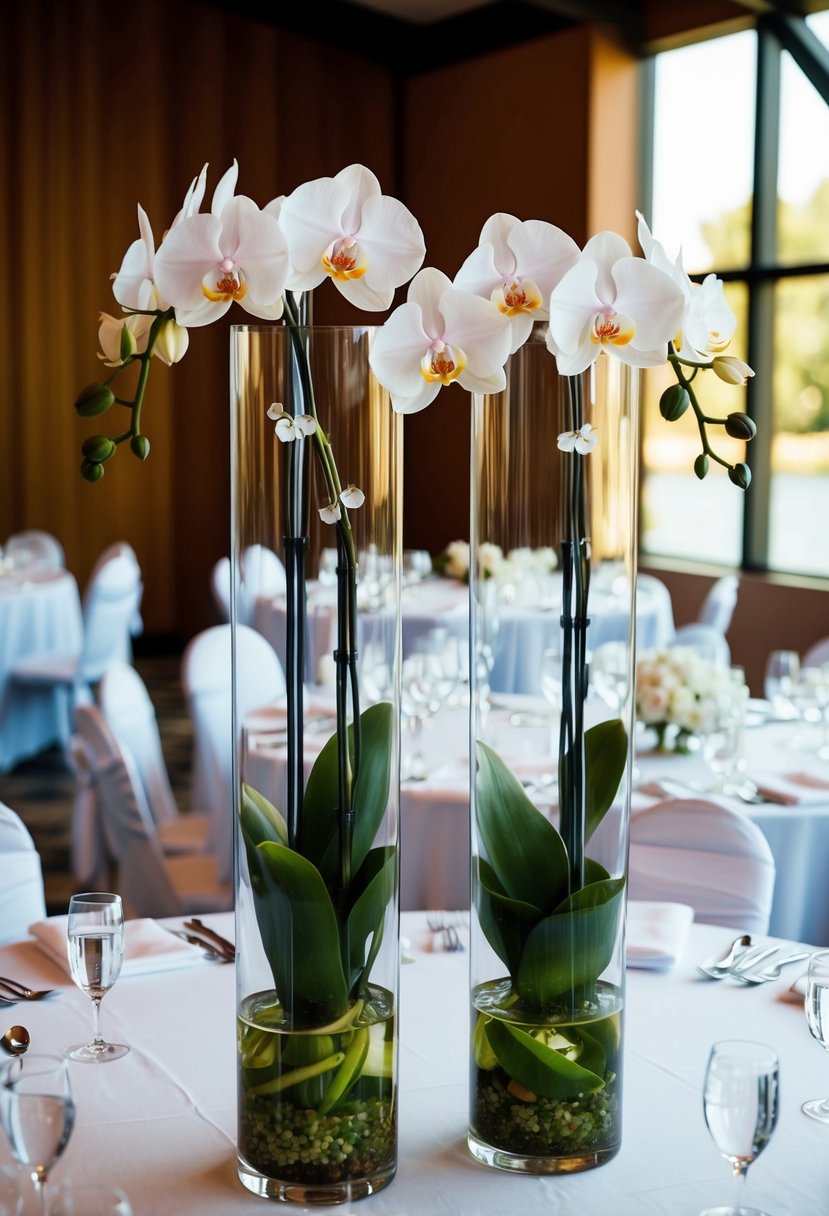 Tall vases hold submerged orchids on a wedding table