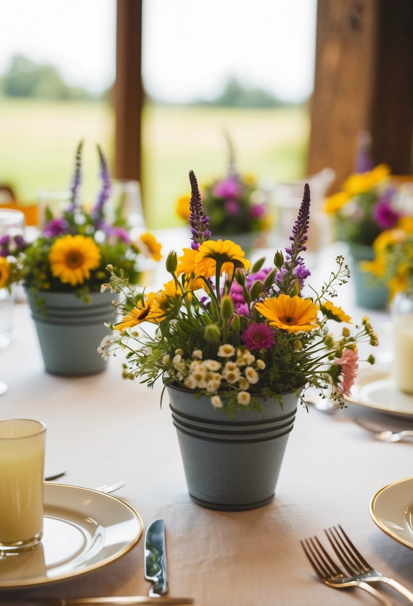 Mini compotes filled with vibrant wildflowers adorn a romantic wedding table, creating a charming and elegant centerpiece