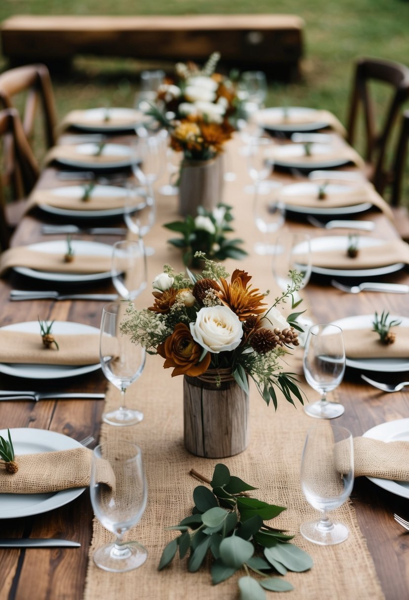 A rustic wedding table adorned with brown burlap runners, earthy floral centerpieces, and wooden accents