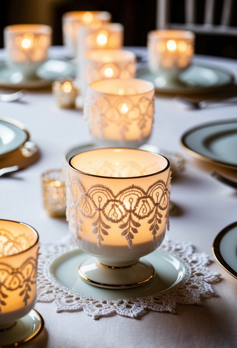 Porcelain tea light holders adorned with delicate lace, arranged on a beautifully set wedding table